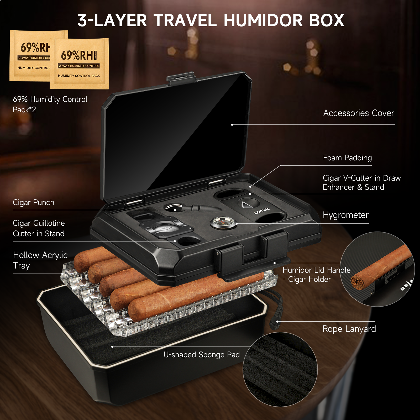 Portable Travel Humidor Box wi - Cigar Cutter Set บทวิจารณ์และราคา
